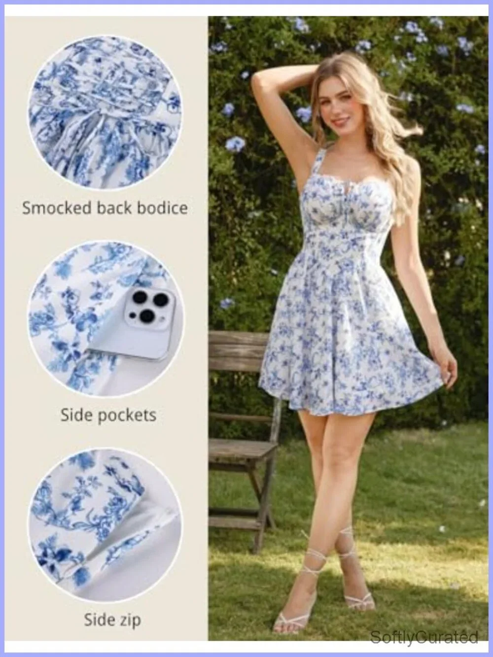 Floral Corset Mini Sundress with Adjustable Straps, Pockets, Lined, Smocked Back